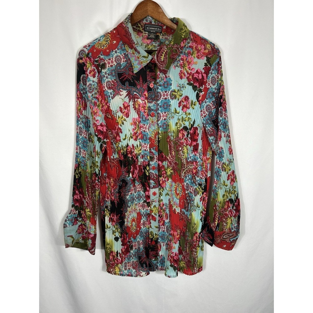 Elementz Size 2X Paisley Floral Button‎ Up Top Crinkle Sheer Artsy Boho Colorful